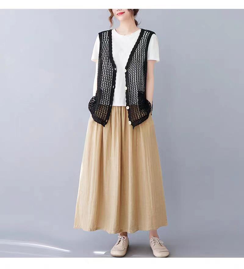 Retro Artistic Hollow-Out Knit Vest – Women's Loose Cotton-Linen Cardigan