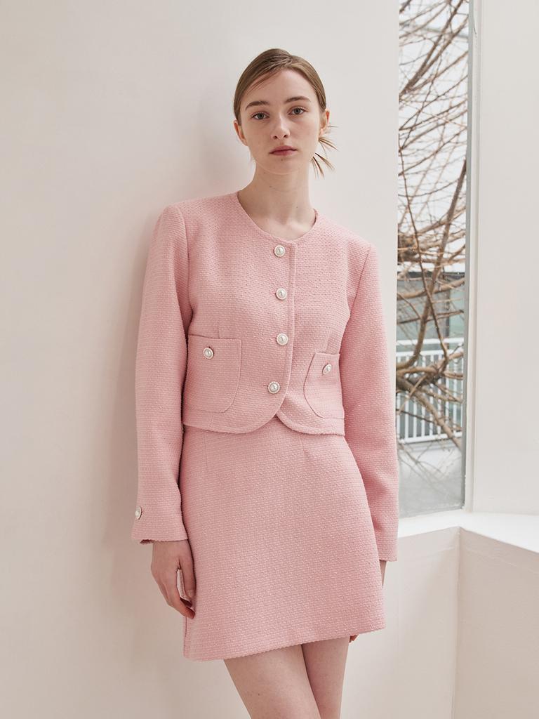 Nouve Tweed Pearl Button Jacket - Pink