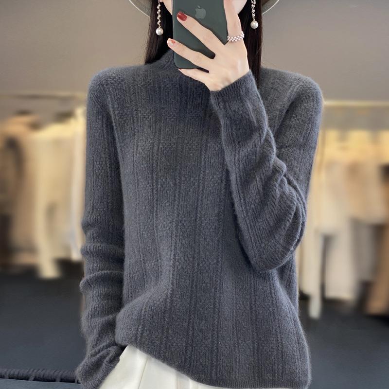 Autumn/Winter Women's High-Quality Jacquard Wool Seamless Knit Sweater - Half-High Collar, Solid Color Fashion Top