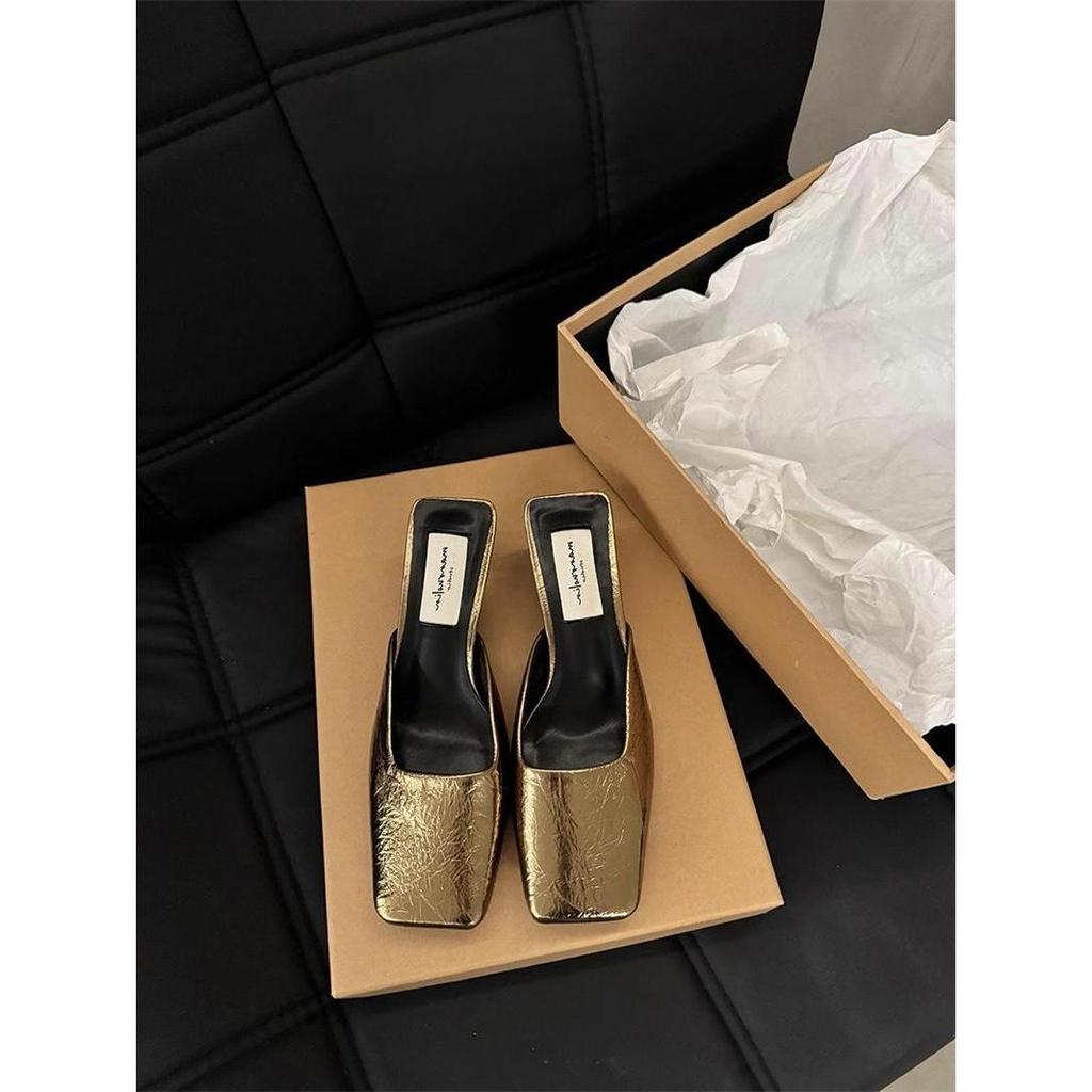 French Temperament Bag Head Half Slippers Women's Spring and Summer 2025 New Square Head Silver Fashion Evening High-heeled Women's Slippers