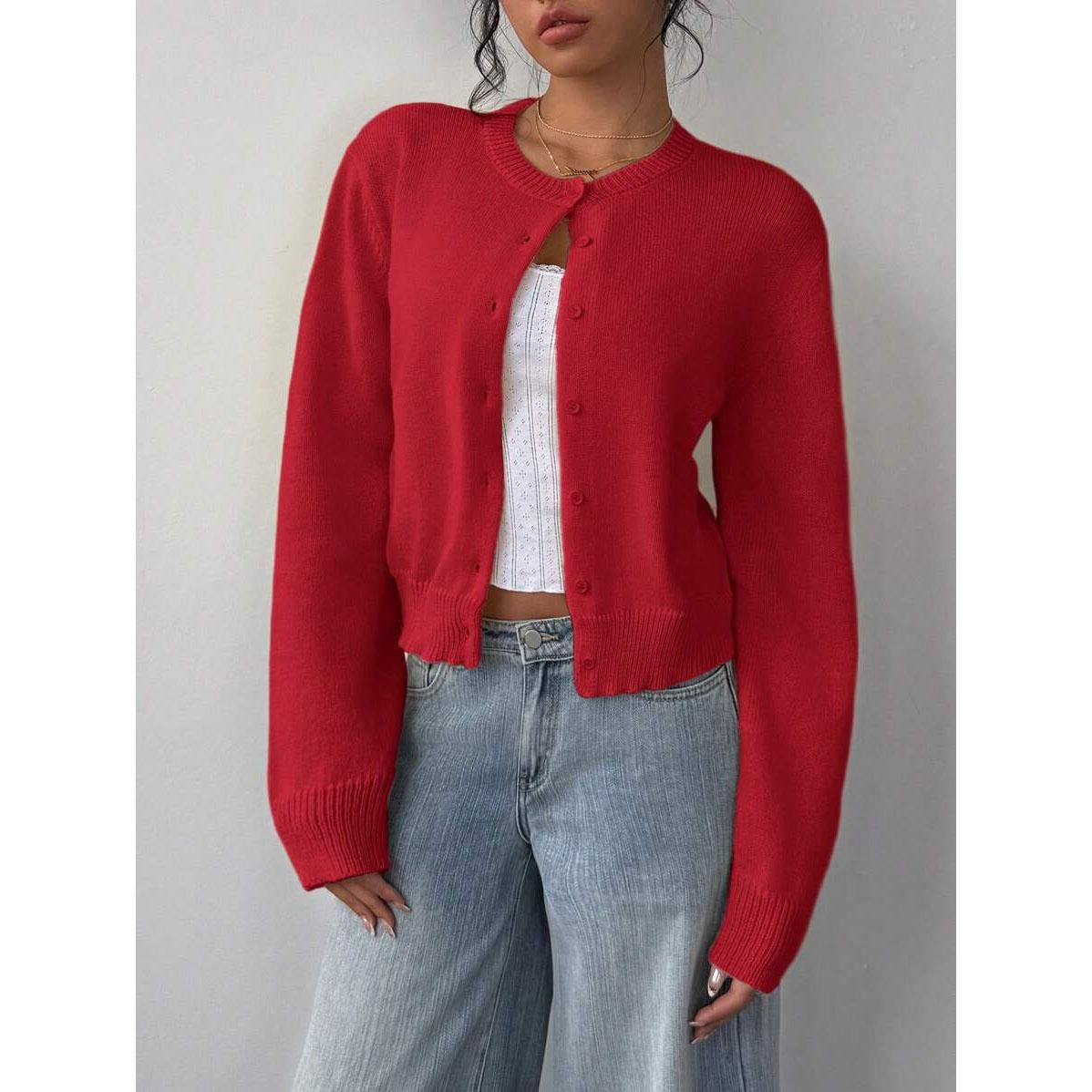 Women s Round Neck Long Sleeve Knitted Cardigan Sweater New Style Comfortable Soft Material Fashionable Outerwear S красный