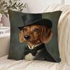1pc Oil Painting Style Wearing Suit Sausage Dog Pattern Printed Pillow Cover, Retro Gentleman Style Home Decor Cushion Case, with Zipper Closure, Mach