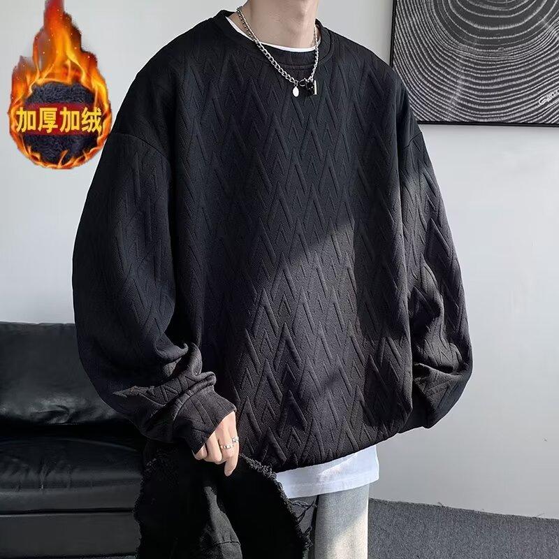 Crew Neck Jacquard Sweater Men's Long-sleeved T-shirt Spring and Autumn American Loose Casual Men's Clothing Without Hat and Bottoming Shirt