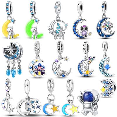 Charms Original Moon Nocturnal Owl Blue Star Beads Fit Bracelet Copper Women Jewelry Diy Fine Gift Accessory