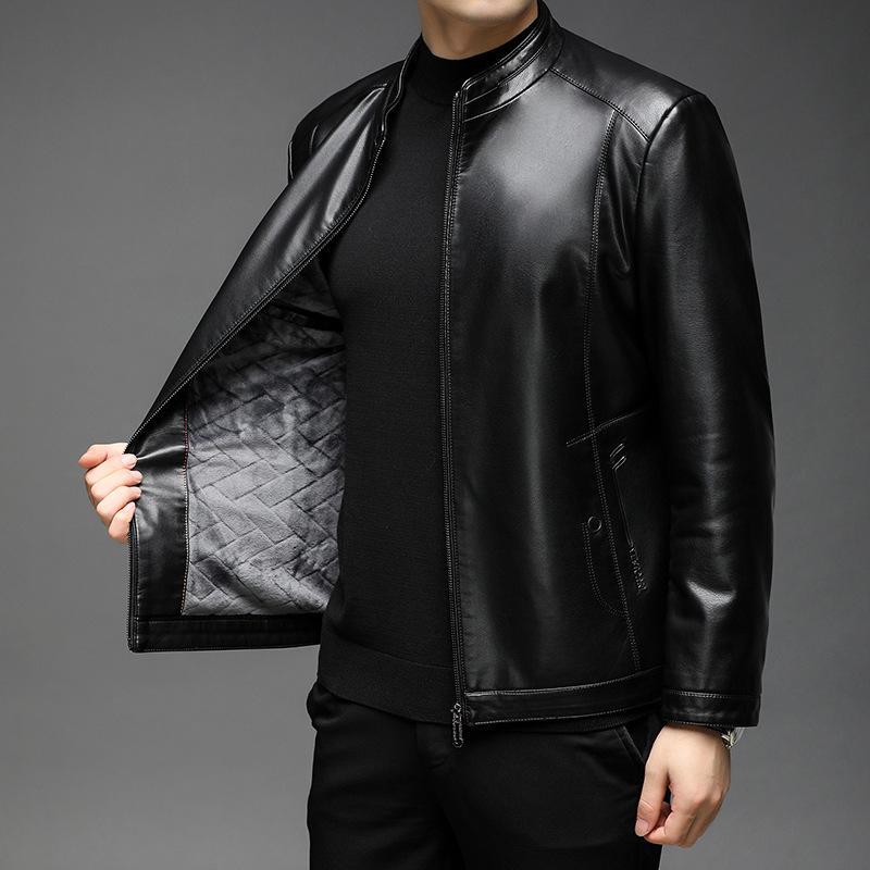 Kurtka skórzana męska jesień i zima Nowa odzież męska Kołnierz stójka Miękka skórzana kurtka Męska luźna swobodna skórzana kurtka w średnim wieku
