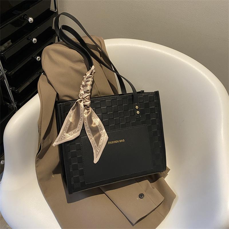 Elegant Silk Scarf Decorated Tote Bag Women Fashion Commuter Shoulder Handbag Soft Faux Leather Work Bag