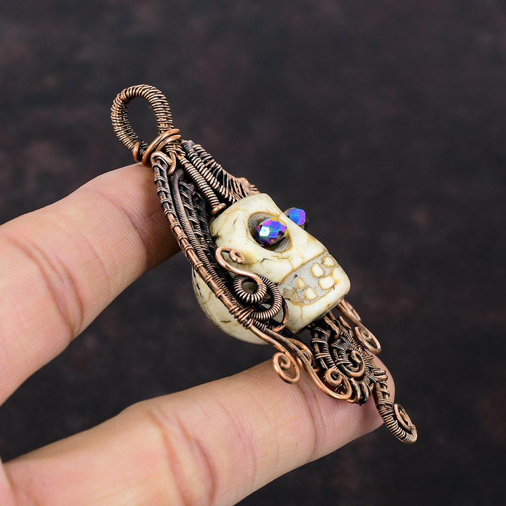 Howlite Pendant Copper Wire Wrapped Pendant Skull Bone Face Pendant Titanium Bead Eyes Jewelry Gemstone Pendant Handmade Copper Wire Jewelry