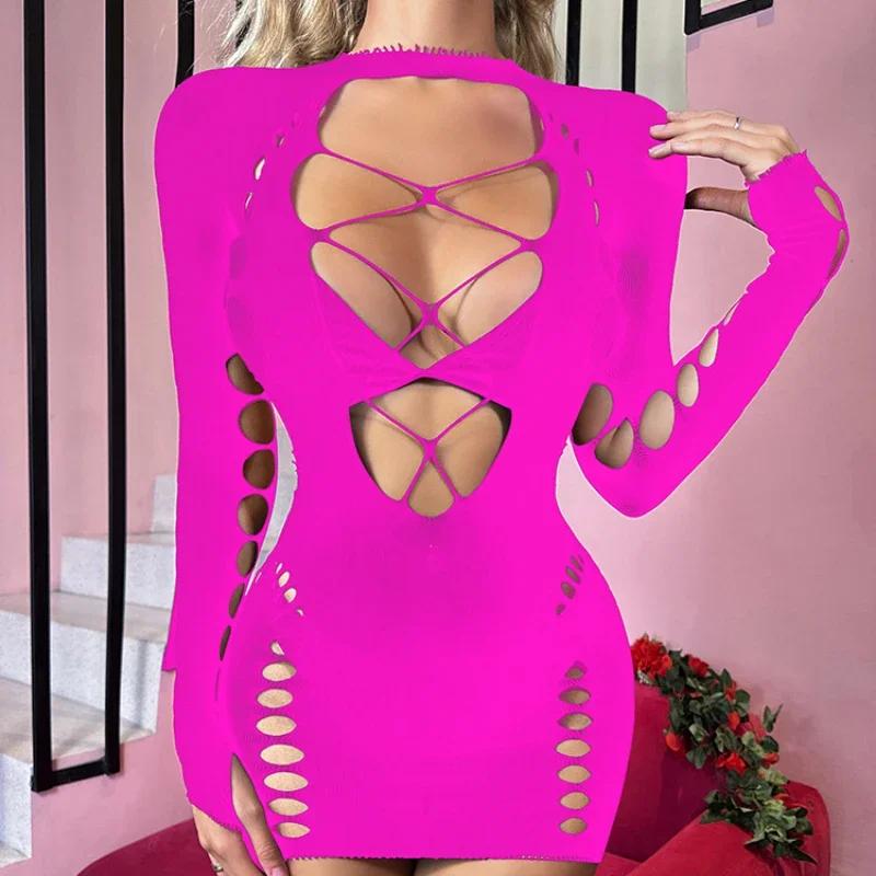 Sexy Fishnet Bodycon Dresses Women Hollow Nightwear Night Clothes  Pajamas Mujer Porno Clubwear See Through Bodysuit Dress