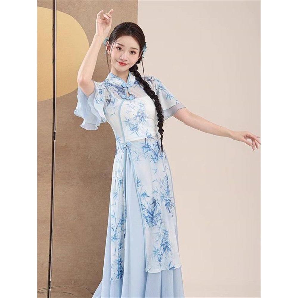 Women's Bamboo Print Qipao Collar Classical Dance Costume, Flowy Chiffon Skirt Folk Dance Performance Outfit