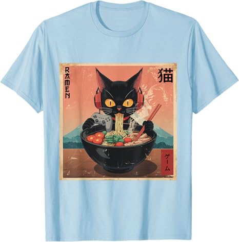 Cute Kawaii Gamer Cat Funny RaUnisex Retro Japanese Cat Gaming TShirt Y2k Kitty Controller Cartoon Graphic Tees Kitten Eat Noodles