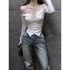 Tricouri cu umăr în stil coreean pentru femei, estetică, fluture, plasă decupată, cochetă sexy, Y2k, Kpop, tricouri cu mânecă lungă