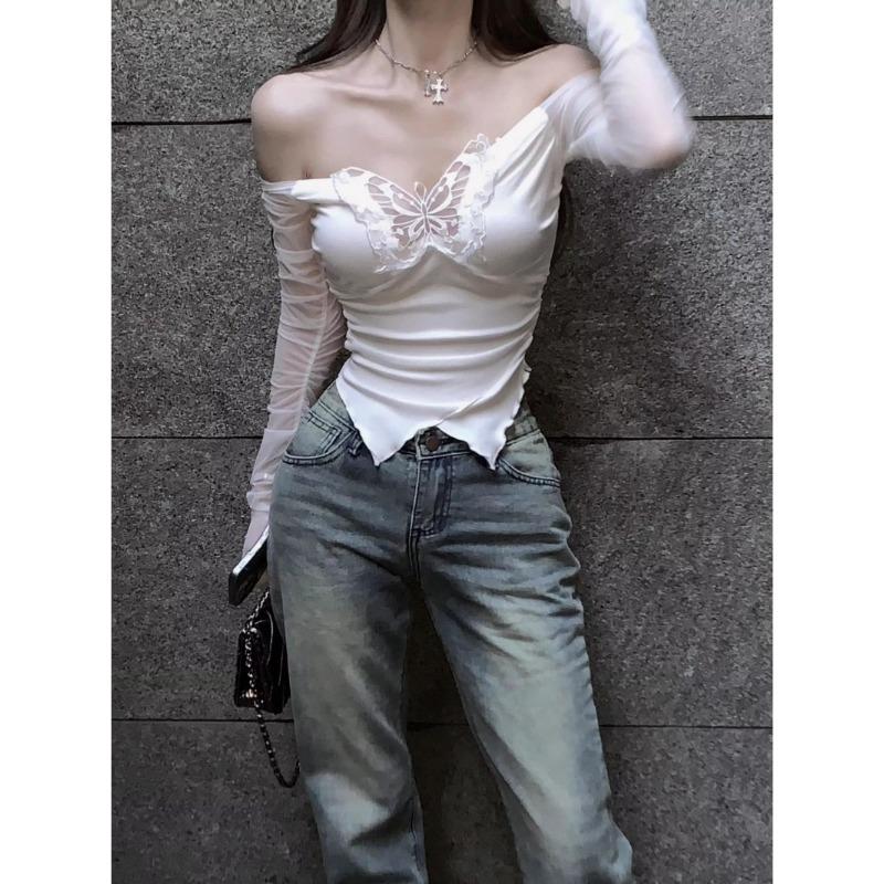 Tricouri cu umăr în stil coreean pentru femei, estetică, fluture, plasă decupată, cochetă sexy, Y2k, Kpop, tricouri cu mânecă lungă