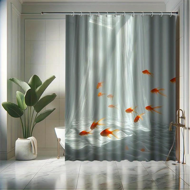 Sada sprchového závěsu s plovoucími zlatými rybkami, Umělecký efekt, Minimalistický styl, 12 háčků, Polyester, Dělící prvek do vany, Moderní koupelnová dekorace