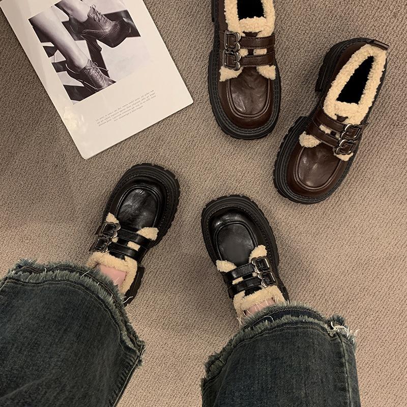 Black thick heel platform small leather shoes women's 2025 autumn new retro British style loafers velvet warm JK shoes