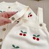 Frühling/Herbst 2025 Baby Kirsche Strick Strampler Set - Niedliches Baumwoll Latzhose Bubble Outfit