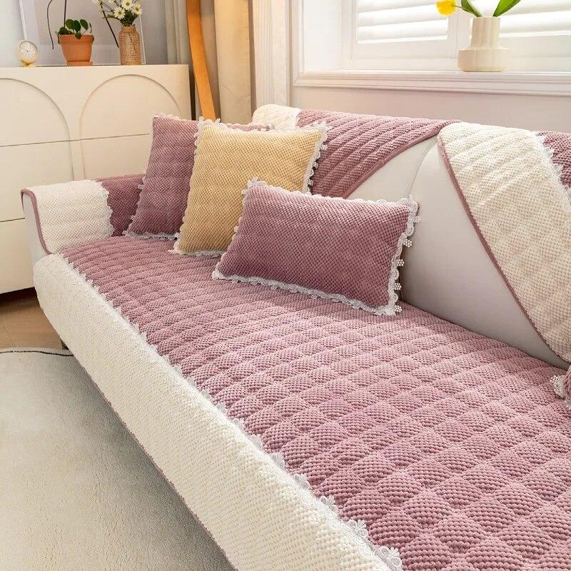 Winter Thicken Plush Sofa Cover White Wide Edge  Chaise Lounge Sofa Towel Mat Modern Non-Slip Couch Cover Cushions Living Room