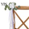 Easy Install Car Flowers Wedding Door Handle Flower with Ribbon Tie And Green Leaves, White Artificial Realistic Petal Decor Rose Rearview Mirror