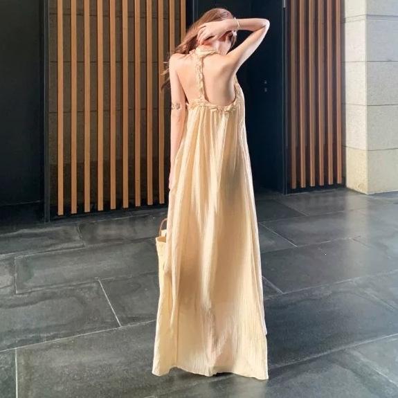 Apricot fungus edge halter neck dress women's summer loose off-the-shoulder a-word skirt gentle vacation style long dress
