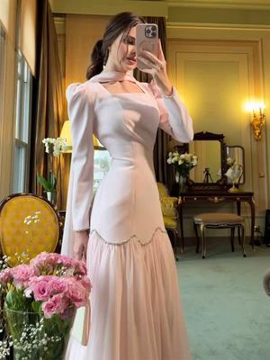 Rochie Elegantă cu Mânecă Lungă, Panglică Tesută cu Strass-uri, Realizată Manual - Design European American Slim Fit de Primăvară 2025