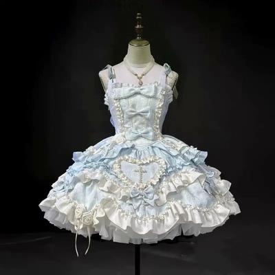 Japanse Gotische Lolita Jurk Vrouwen Kawaii Strik Kant Blauwe Jurk Mouwloze Prinsessenjurk Halloween Kostuum Cadeau Voor Meisjes