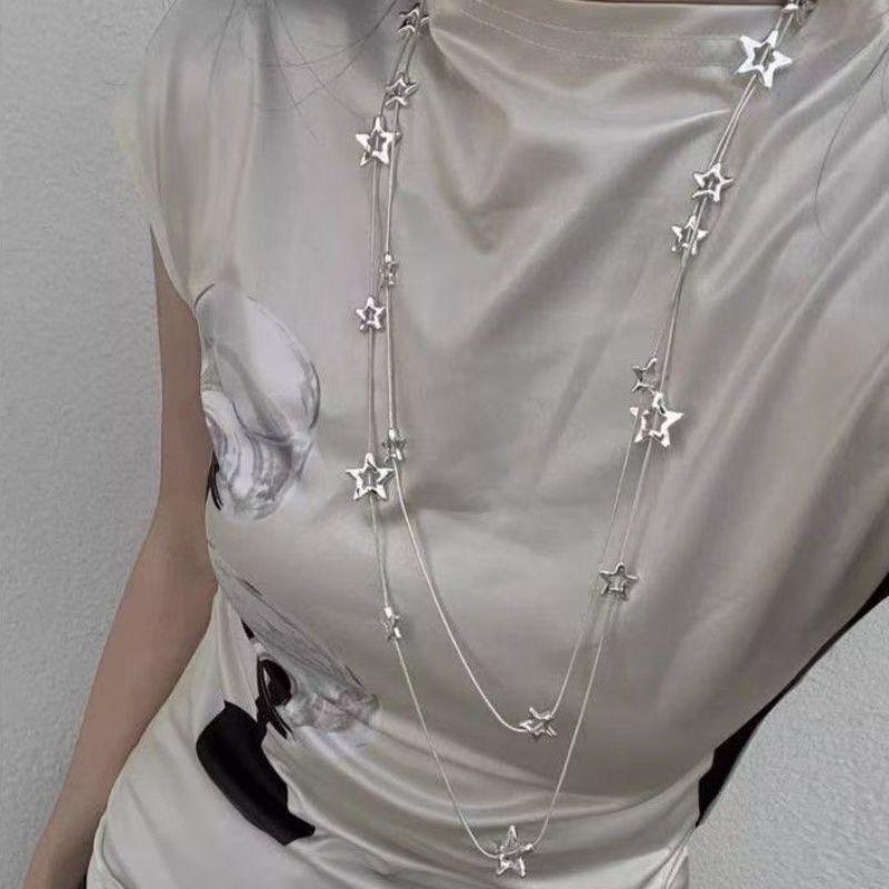 Sliver Color Hollowed-Out Five-Pointed Star Long Double-Layered Necklace For Women Temperament Personality Sweater Chain