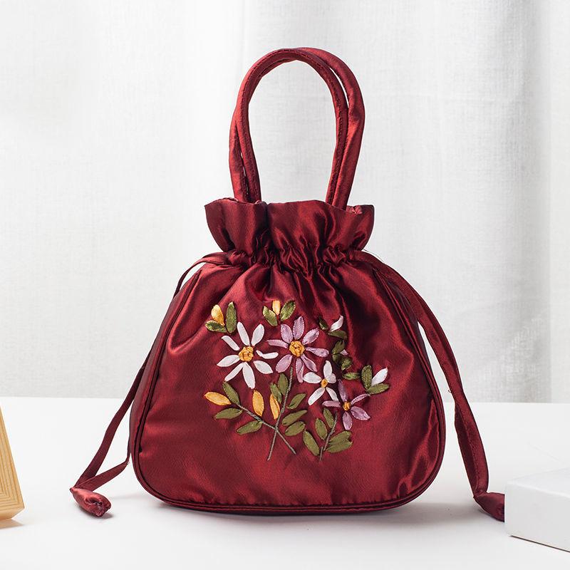 Retro Embroidery Drawstrings Handbags Storage Bags Women Purse Wallets Card Holder Bucket Shoulder Bag