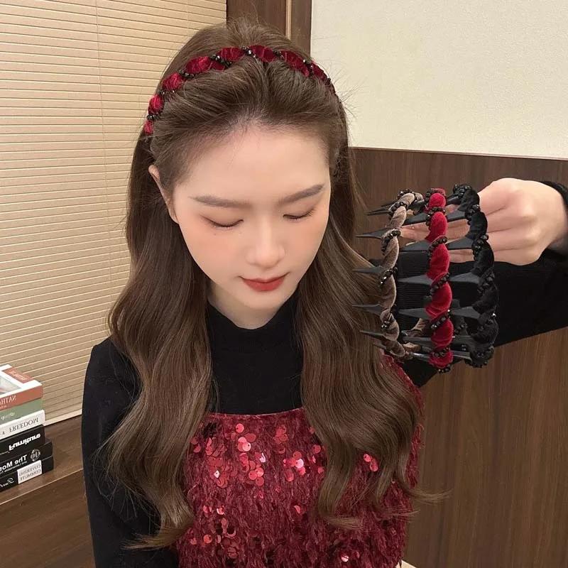 Vintage Black Velvet Crystal Wave Top Hairband For Women Girls Fashion Sweet Anti-Slip Toothed Hairband Hair Accessories