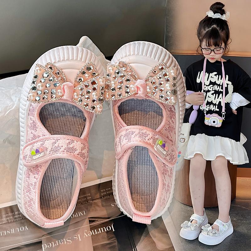 Girls' Hollowed-out Fabric shoes2026Spring and Summer Rhinestone Pearl Bow Cute Single Shoes for Children, College Style Casual Shoes
