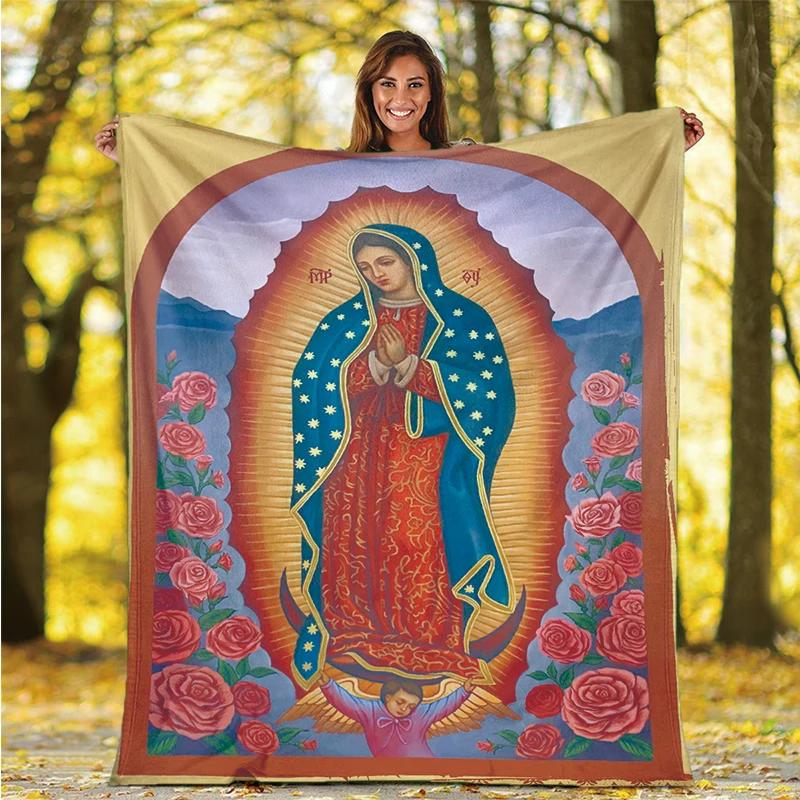 Our Lady of Guadalupe Pattern Flannel Throw Blanket Religion Mary Soft Cover Lightweight Warm for Bedroom Sofa Decor Kids Adults