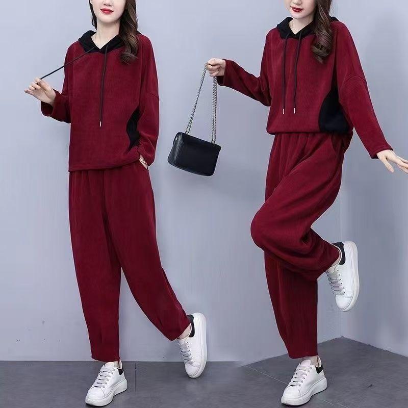Plus Size Casual Hooded Fashion Suit Autumn Corduroy Large Size Fat Mother Slim Casual Two-piece Suit