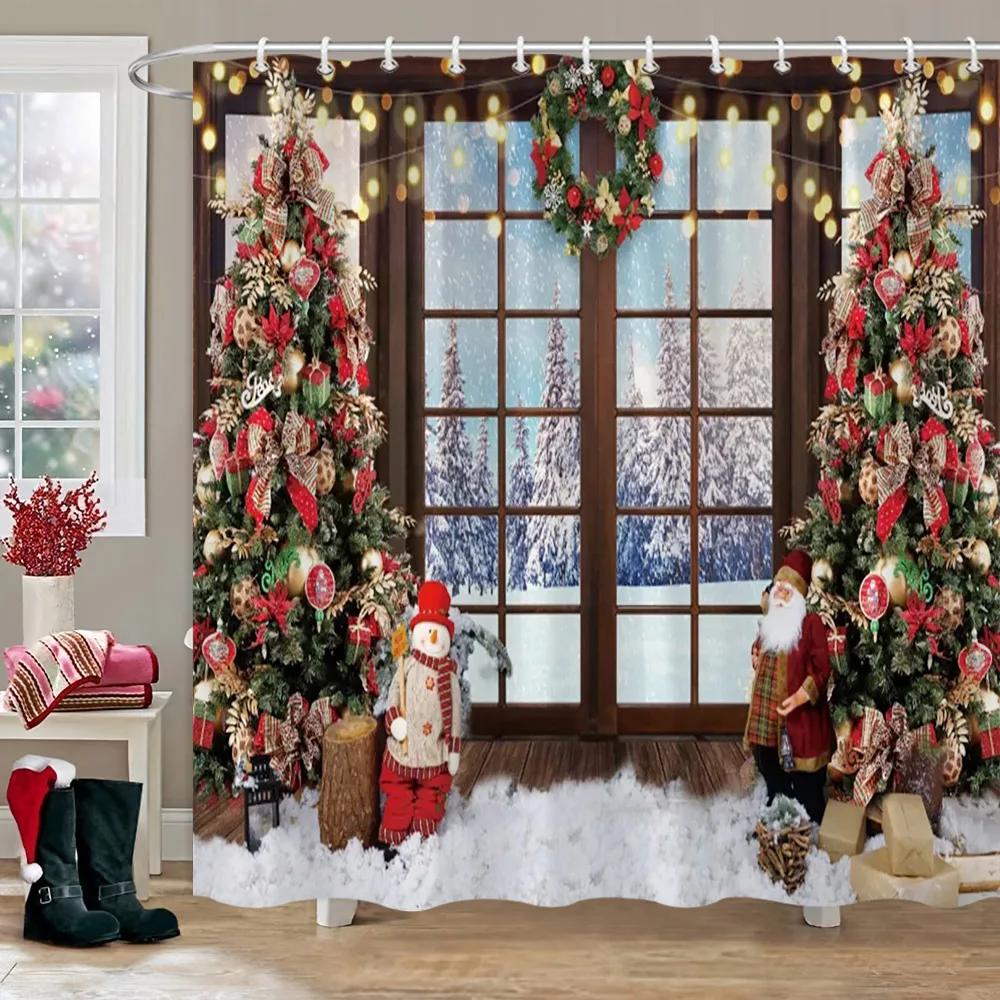 Weihnachtsparty Duschvorhänge Kamin Weihnachtsbaum und Geschenke Schneemann Schneeszene Waschbarer Duschvorhang Kunst Badezimmer Dec