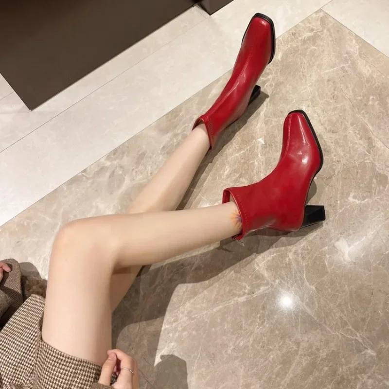 Women Ankle Boots Real Leather Thick High Heel Shoes Fall Winter 2026 Casual Office Lady Dress Short Booties Plus Size