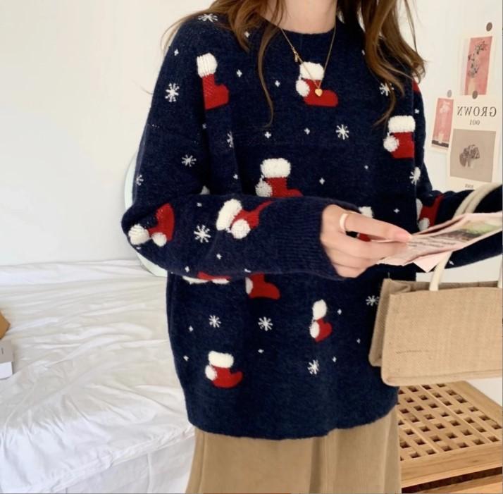 Autumn and Winter Women's Sweater Christmas Day Pullover Sweater Round Neck Loose Knit Sweater
