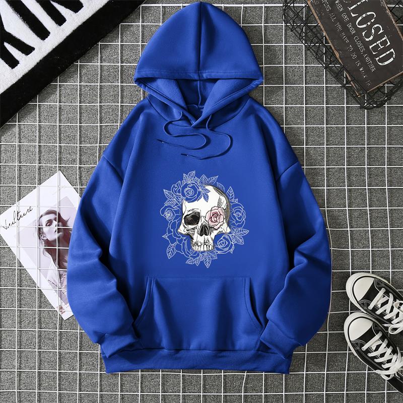 Autumn Winter Couple Style Sunflower Skull Print Hoodie Men Women Casual Simple Top Streetwear Sleeve Decorated Hoodie