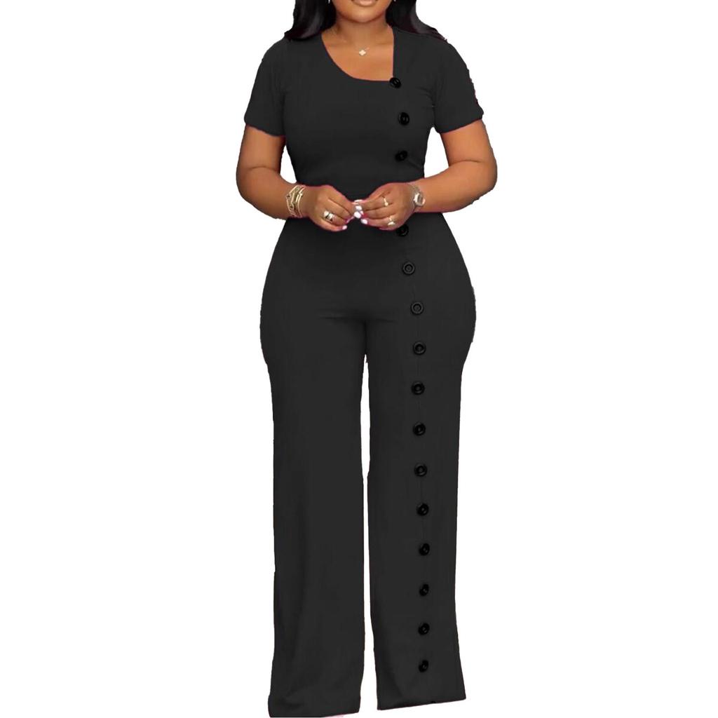 Irregular Neckline Waist-Gathering Wide-Leg Jumpsuit