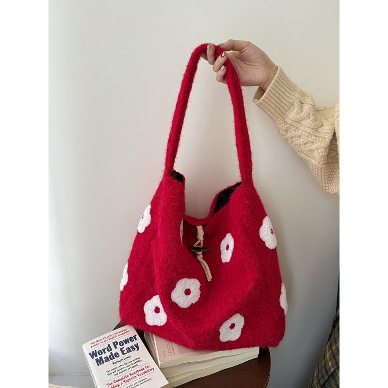 Plush flower embroidery commuter bucket bag autumn and winter new niche design simple woolen tote bag