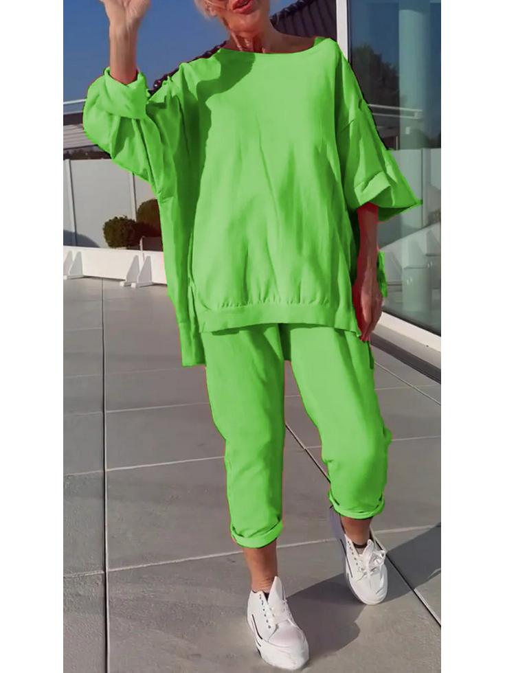 2025 Women's Casual Solid Color Long Sleeve Top and Pants Set - European & American Style