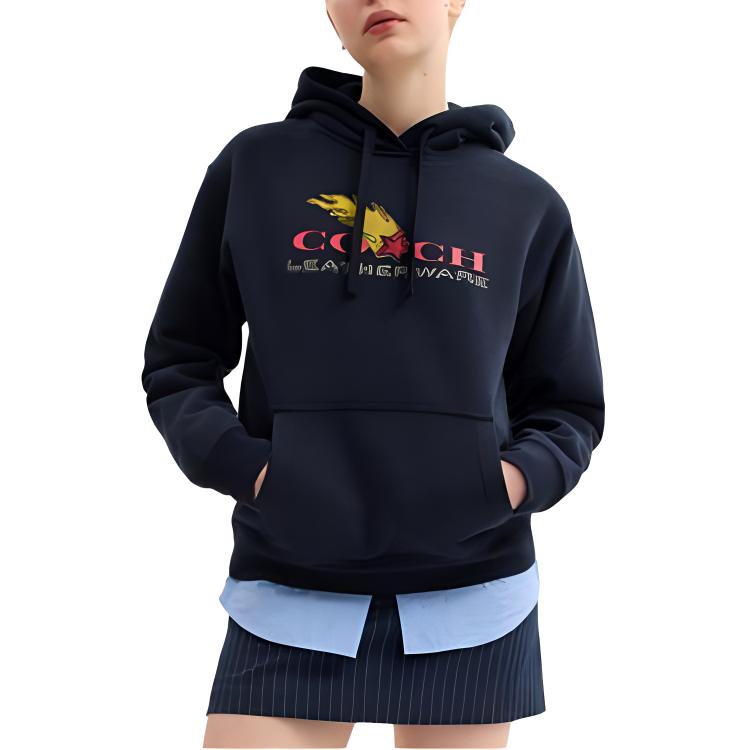 Coach Cotton Patchwork Graphic Hoodie Women hoodies Navy-Blue CZ070-RF2