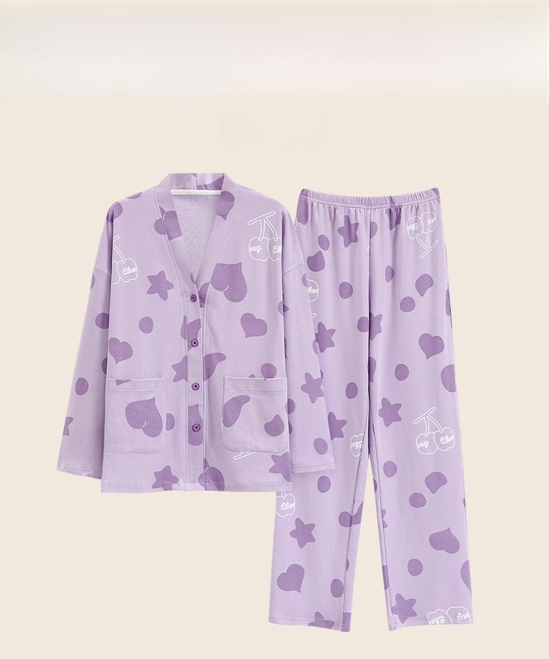 Girls' Cotton Kimono Pajama Set - Long-Sleeve Cardigan & Trousers with Cute Cartoon Design for Spring and Autumn
