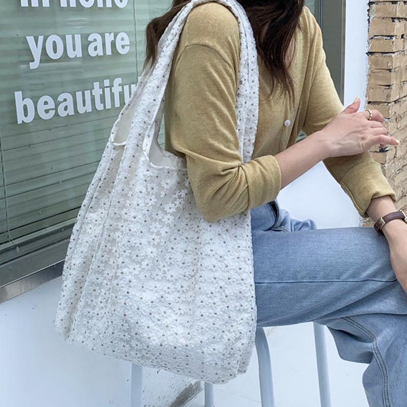 Korean Mesh Flower Shoulder Bag 3D Lace Cherry Blossom Hobo Purse Sweet Crossbody Bag for Women Summer Aesthetic Tote Pouch