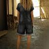 Women's Lapel Short Sleeve Button Down Multi Pocket Cuffed Hem Denim Romper Jumpsuit
