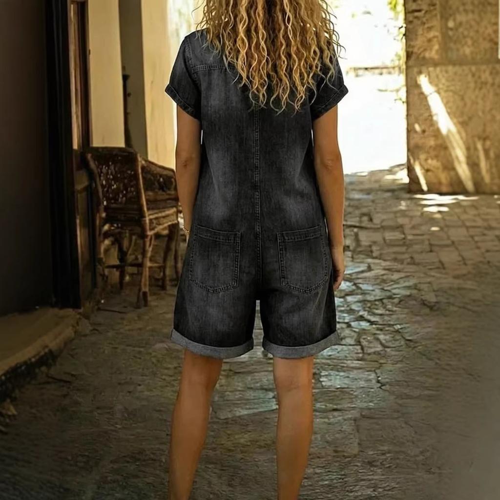 Women's Lapel Short Sleeve Button Down Multi Pocket Cuffed Hem Denim Romper Jumpsuit