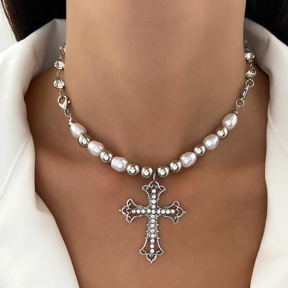 New Arrival Vintage Pearl Cross Pendant Punk Versatile Multi Layered Necklace