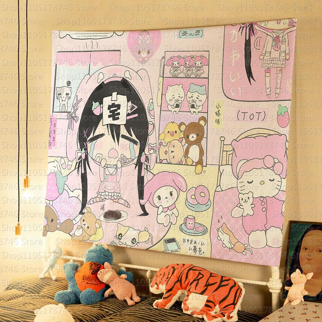 Kawaii Style Girl Hanging Cloth Cartoon Dormitory Bedroom Bedside Tapestry Wall Background Cloth Rental House Decorative Cloth