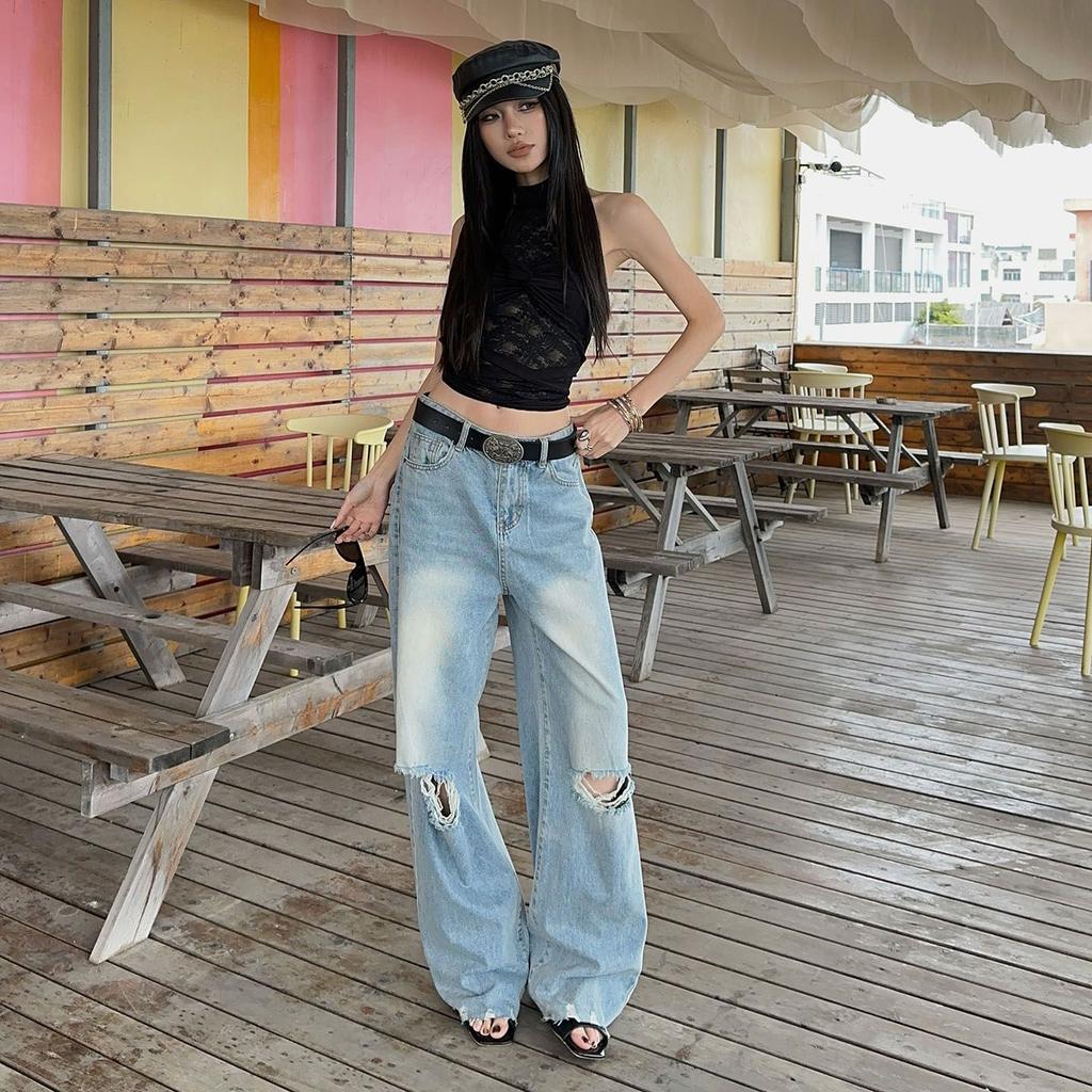Spring Summer Vintage Ripped Straight High Street Slim Floor Wide Leg Denim Pants For Women Casual Pants Oversize Denim Trousers