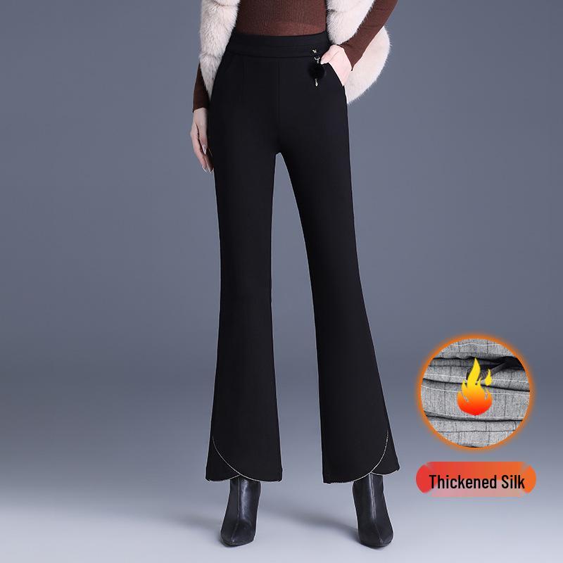 Women s Black Silk Cotton High-Waist Winter Pants - Slimming, Warm, Thickened, Korean-Style, Versatile, Stylish, Slightly Flared. 4XL