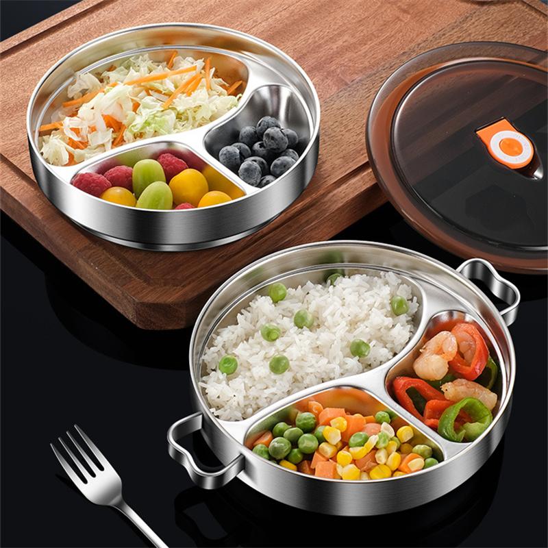 Bandeja de Jantar Dividida em Aço Inoxidável 304 com Tampa Lancheira Recipiente Prato de Comida para Refeitório Escolar 3 Compartimentos Bandeja Bento Talheres