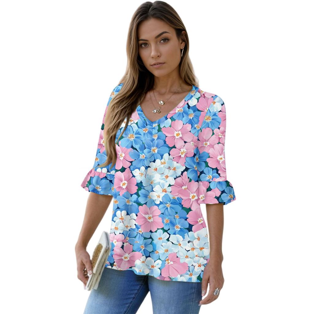 Women's Casual 3/4 Sleeve Tops V-Neck Sleeve T-Shirt Floral Print Tops