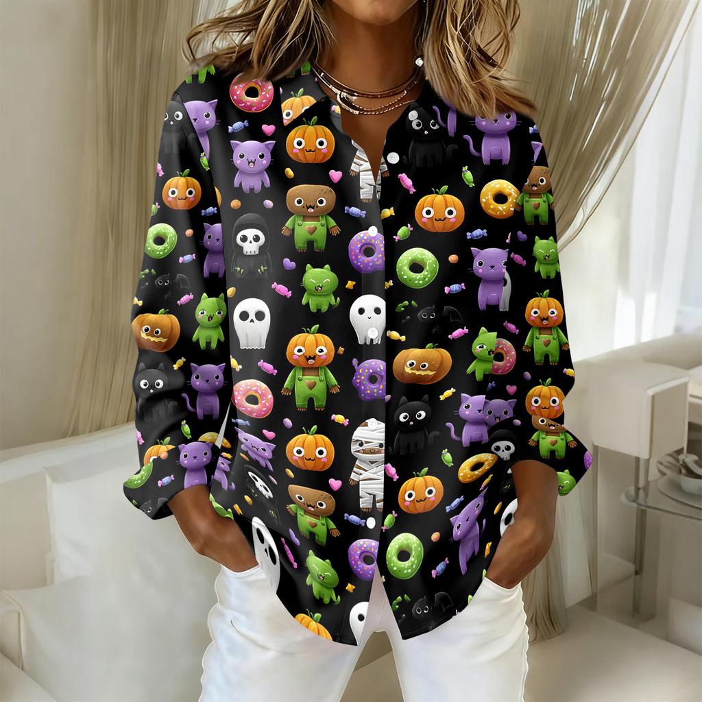 Women's Long Sleeve Button Down Shirt Casual Regular Fit Collared Top with Halloween Pumpkin Print Pattern for Seasonal Wear