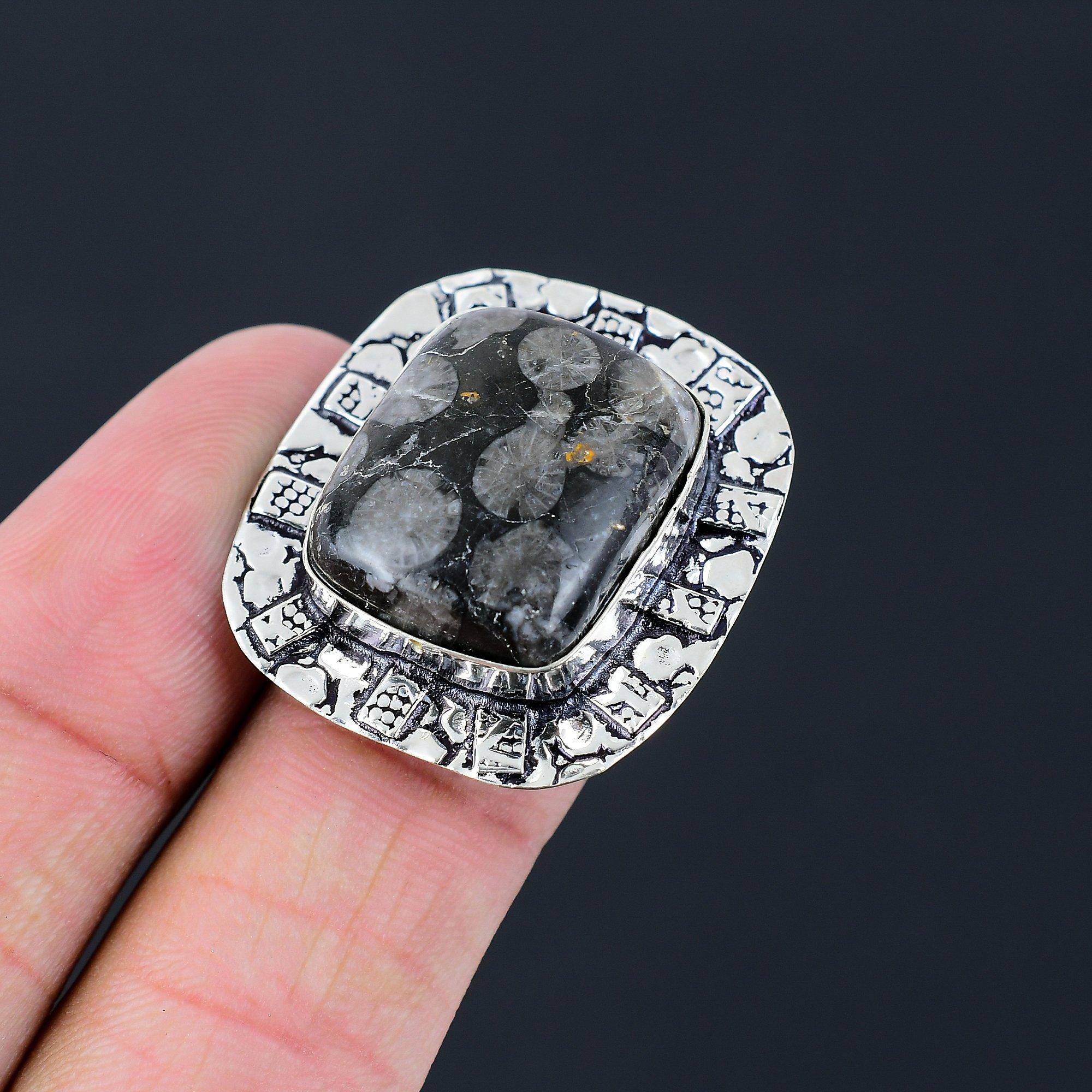 925 Sterling Silver Black Fossil Coral Gemstone Statement Daughter Ring Jewelry 9